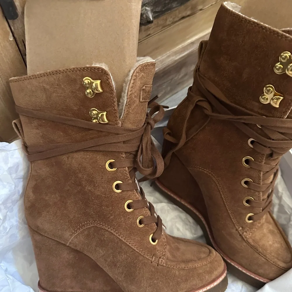 with box Veronica Beard Womens Brown Ananya Shearling Wedge Boots Shoe - Picture 3 of 8